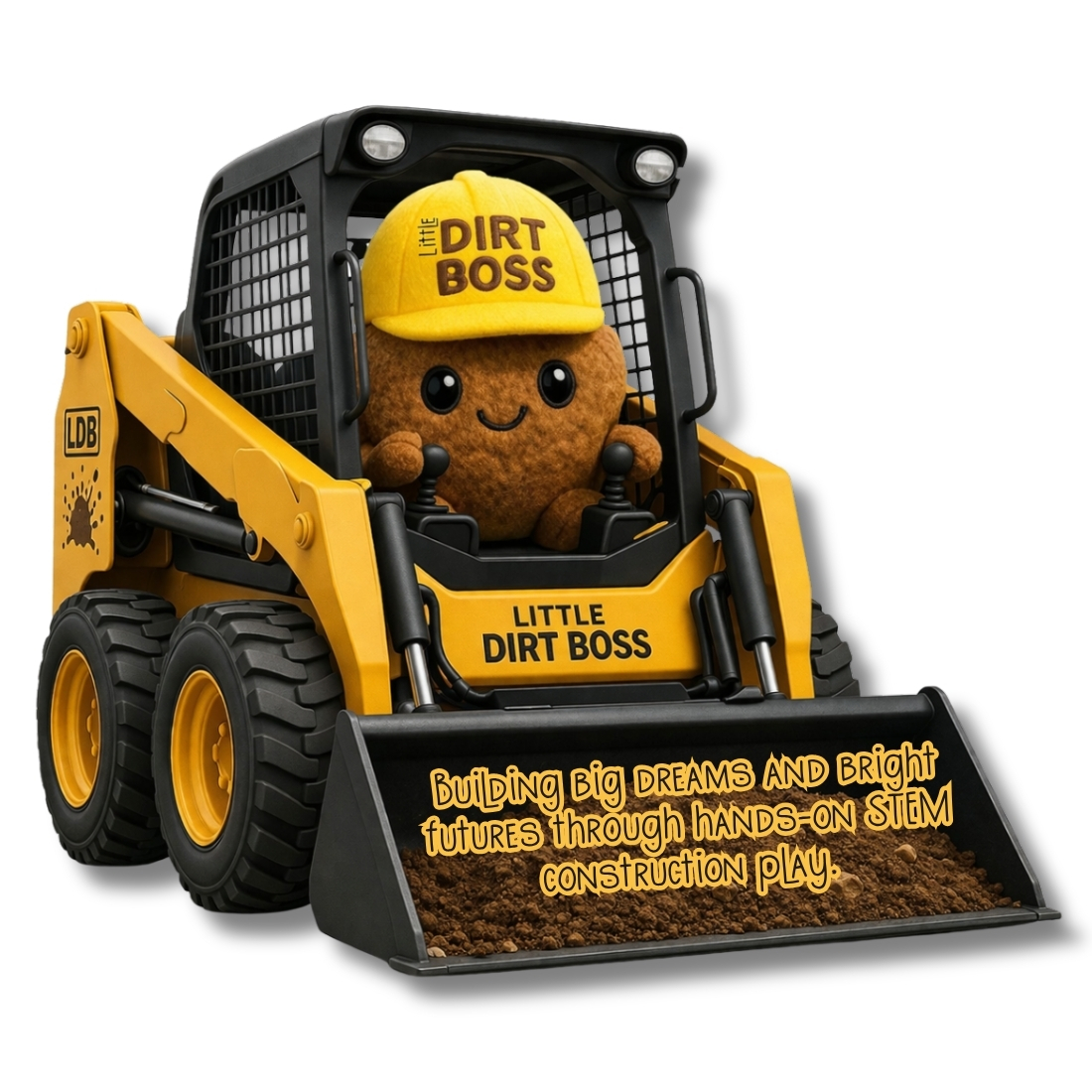 Little Dirt Boss mascot in a toy skid loader, reading: building big dreams and bright futures through hands-on STEM construction play