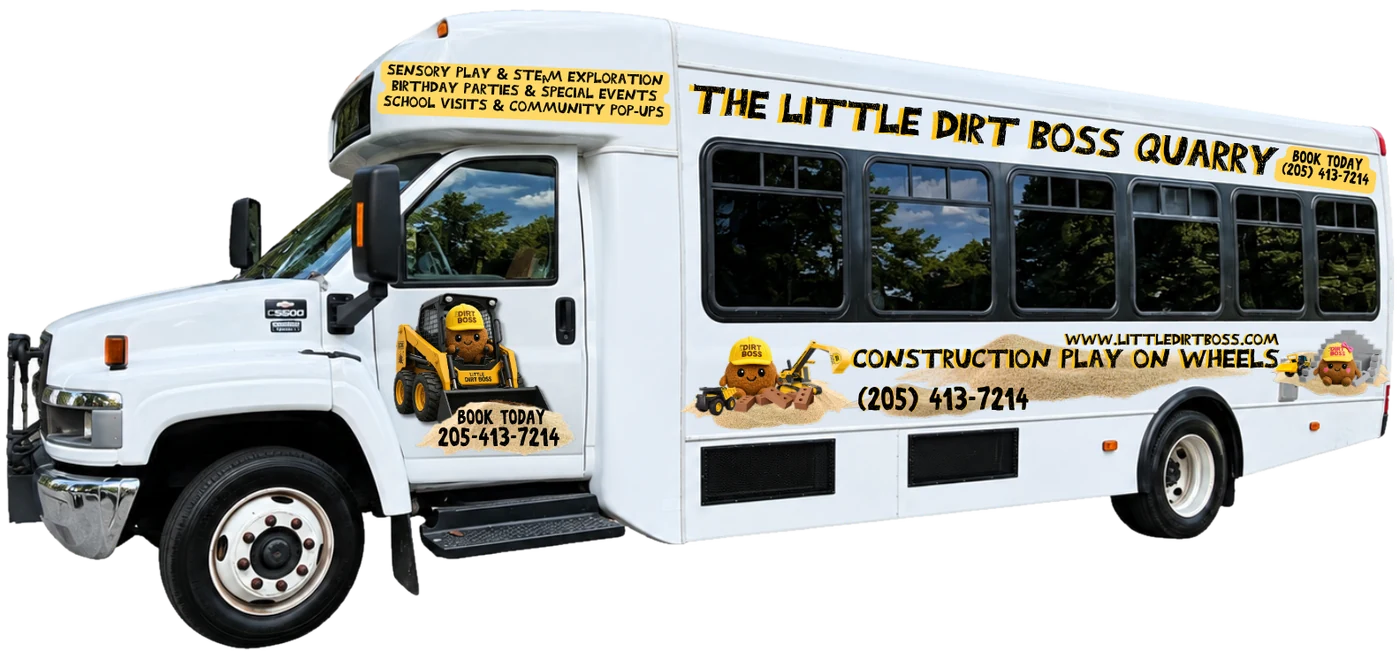 The Little Dirt Boss Quarry: a white 38-foot mobile bus wrapped with Little Dirt Boss artwork, reading Construction Play on Wheels