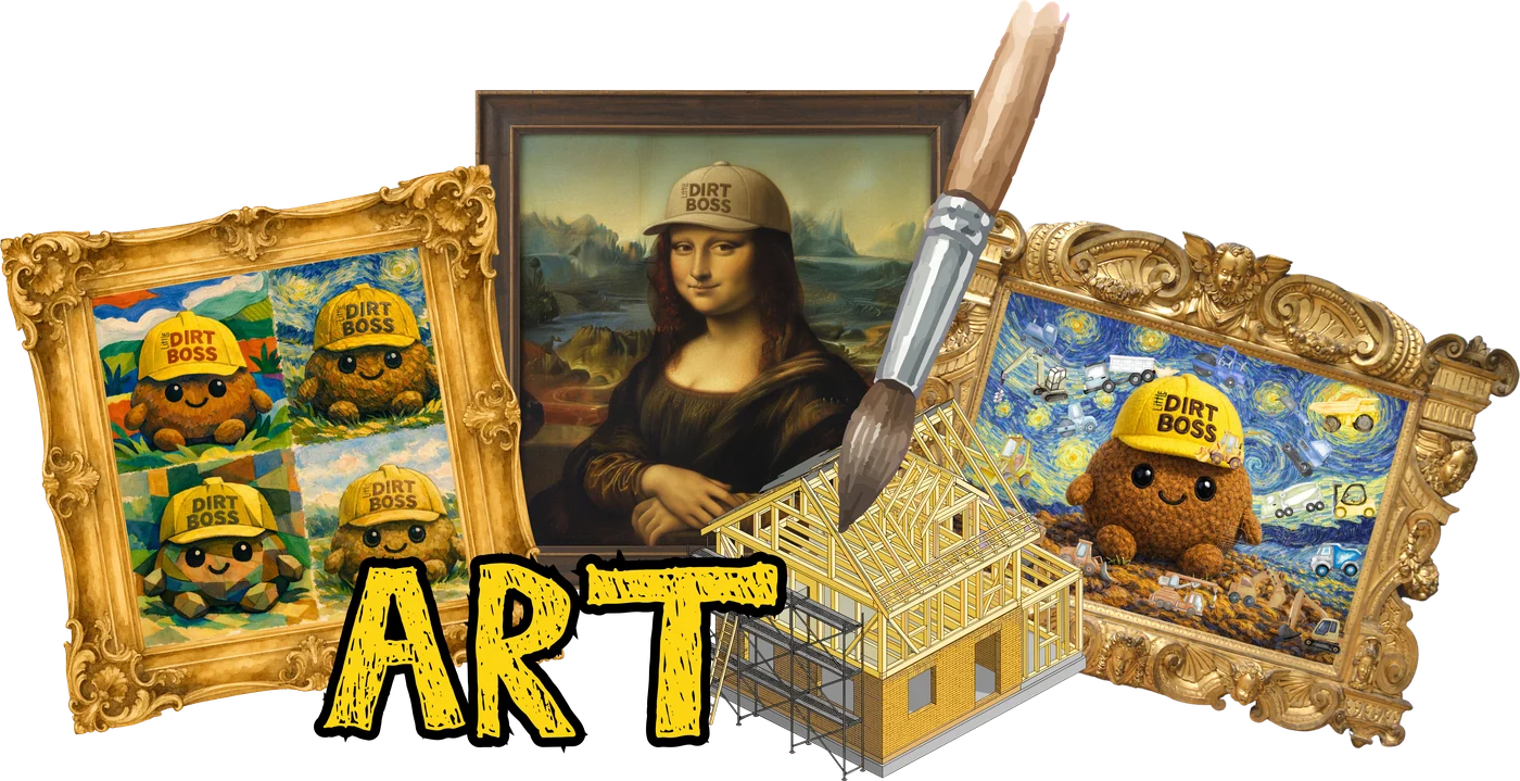 ART: Little Dirt Boss in famous paintings, with a paintbrush and a house frame